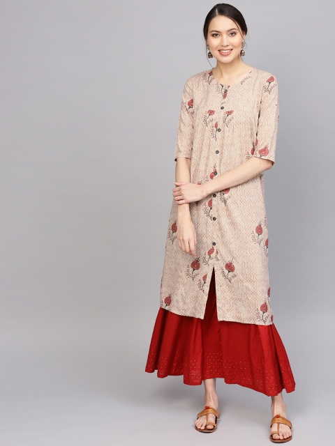 

Anubhutee Women Taupe & Maroon Printed A-Line Kurta