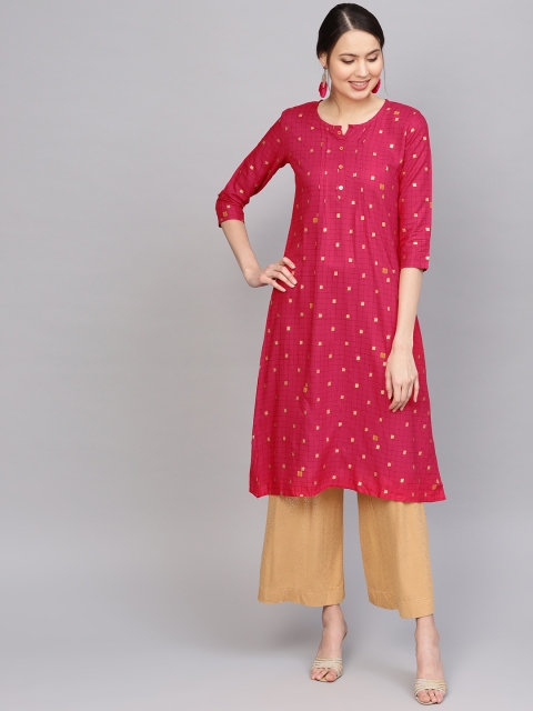 

Anubhutee Women Magenta & Golden Checked A-Line Kurta