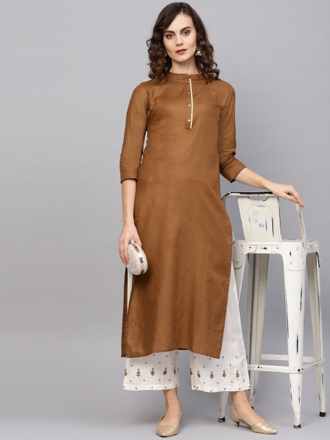 

Indo Era Women Mustard Brown Solid Straight Kurta