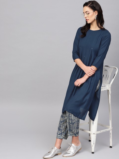 

Indo Era Women Navy Blue Solid A-Line Kurta