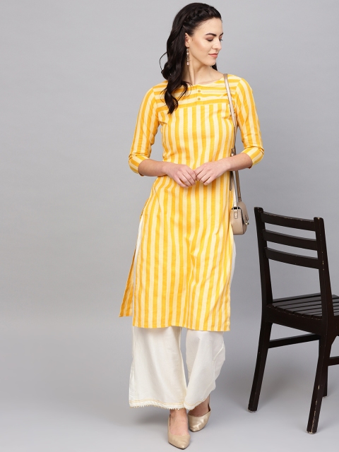 

Indo Era Women Yellow Striped Straight Kurta