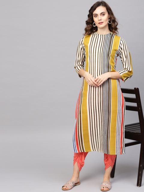 

Indo Era Women Off-White & Olive Green Striped Straight Kurta