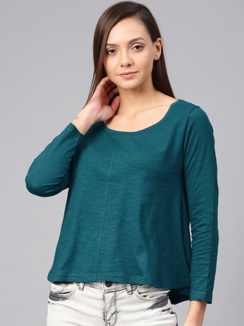

American Crew Women Teal Green Solid Round Neck T-shirt