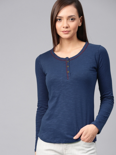 

American Crew Women Navy Blue Solid Henley Neck T-shirt
