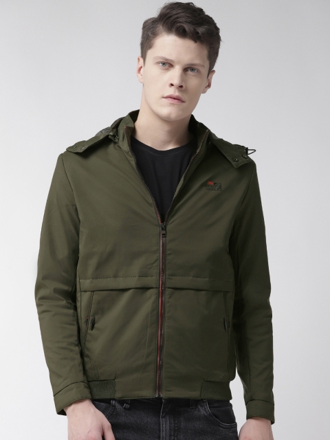 

Fort Collins Men Olive Green Solid Tailored Jacket with Detachable Hood