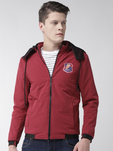 

Fort Collins Men Maroon Solid Bomber Jacket with Detachable Hood