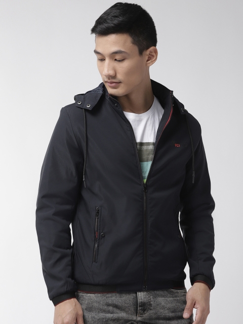 

Fort Collins Men Navy Blue Solid Bomber Jacket with Detachable Hood