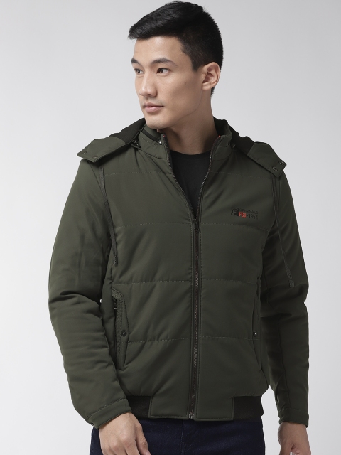

Fort Collins Men Olive Green Solid Tailored Jacket with Detachable Hood