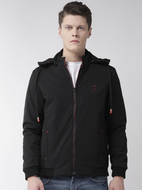 

Fort Collins Men Black Solid Bomber Jacket with Detachable Hood