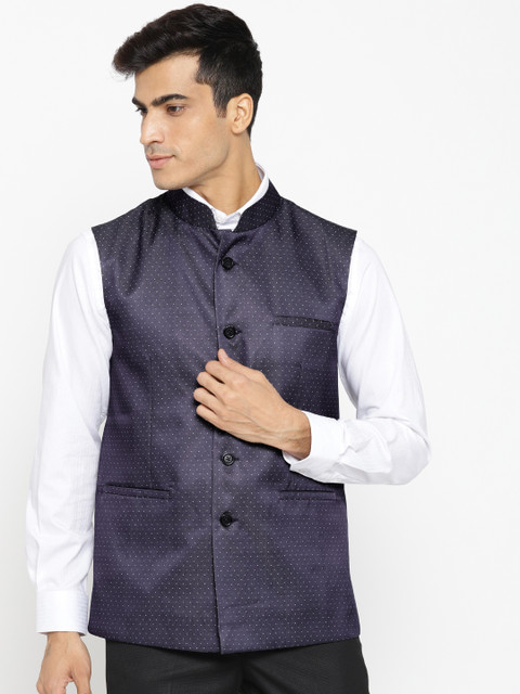 

rasm Men Navy Blue & White Woven-Design Nehru Jacket