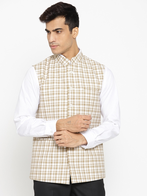 

rasm Men Beige & Off-White Checked Nehru Jacket