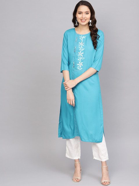 

Anubhutee Women Blue Yoke Design Straight Kurta