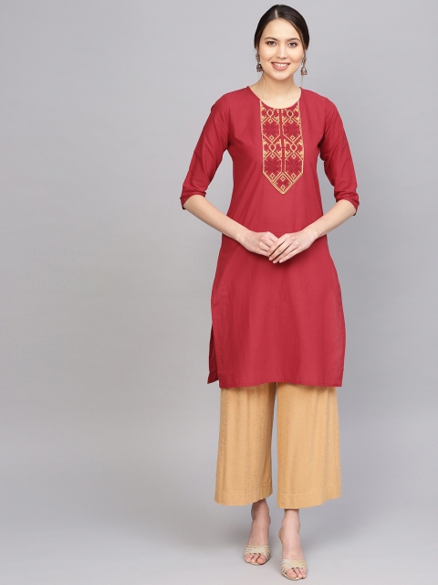 

Anubhutee Women Maroon & Golden Yoke Design Straight Kurta