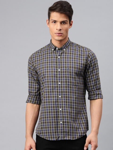 

Peter England Casuals Men Olive Green & Navy Blue Slim Fit Checked Casual Shirt
