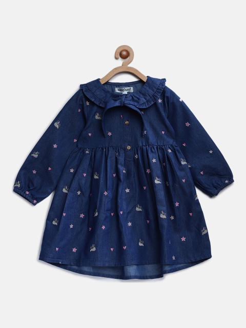 

Nauti Nati Girls Navy Blue Embroidered Chambray A-Line Dress with Briefs