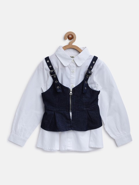

Nauti Nati Girls White & Navy Blue Regular Fit Solid Casual Shirt with Denim Corset