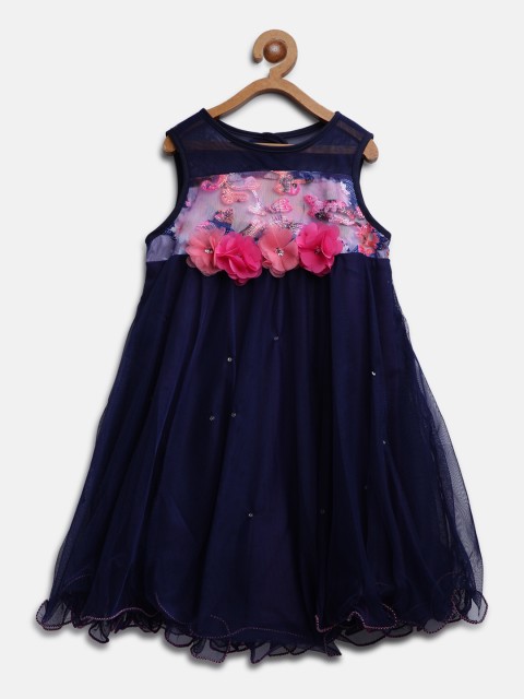 

Nauti Nati Girls Navy Blue Solid Net A-Line Dress with Applique Detail