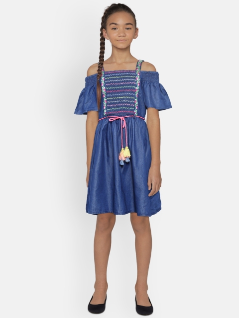 

Nauti Nati Girls Blue Embroidered Chambray Fit and Flare Dress with Belt