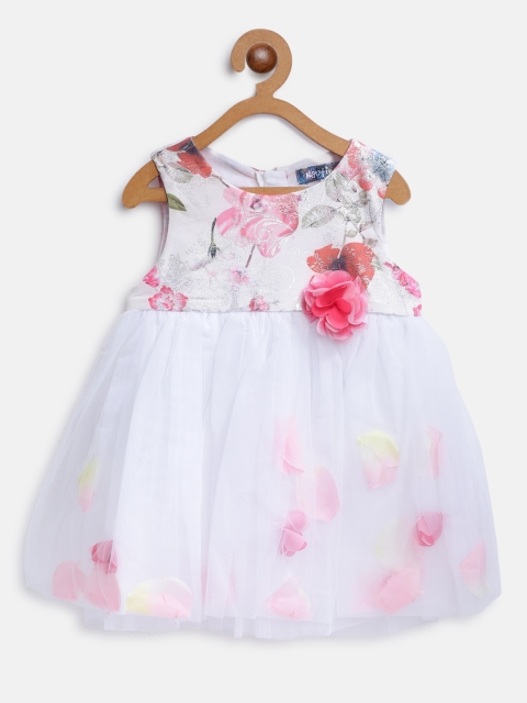 

Nauti Nati Girls White & Pink Printed Fit and Flare Dress with Applique Detail