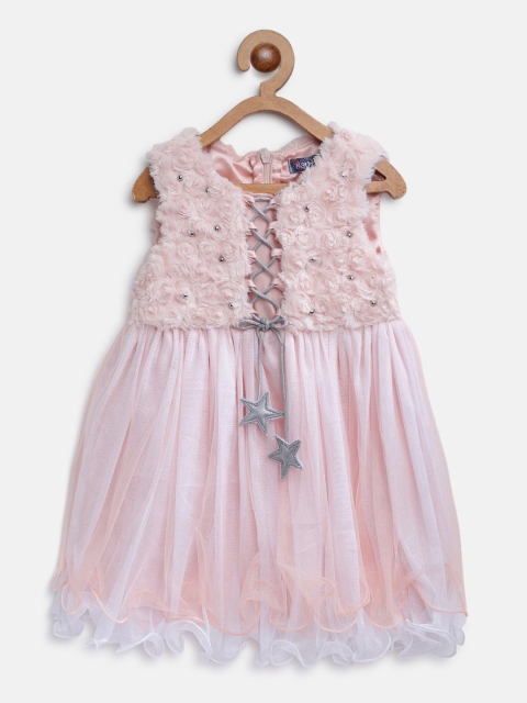

Nauti Nati Girls Peach-Coloured Self-Design Net Fit and Flare Dress