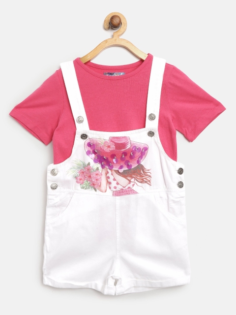 

Nauti Nati Girls Pink & White Solid T-shirt with Dungarees
