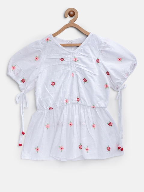 

Nauti Nati Girls White Schiffli Embroidered Cinched Waist Pure Cotton Top