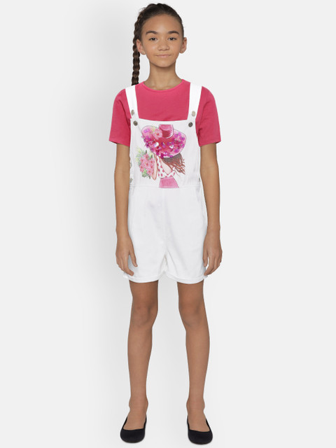 

Nauti Nati Girls Pink & White Solid T-shirt with Printed Dungarees