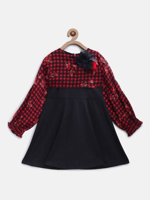 

Natilene Girls Black & Red Checked Layered A-Line Dress