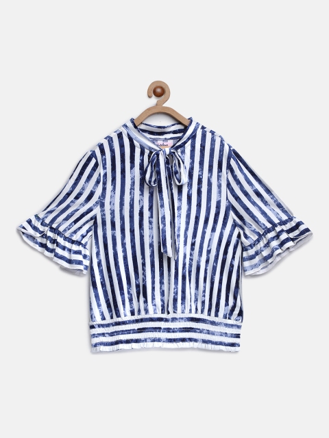 

Natilene Girls Navy Blue & White Striped Smocked Blouson Top