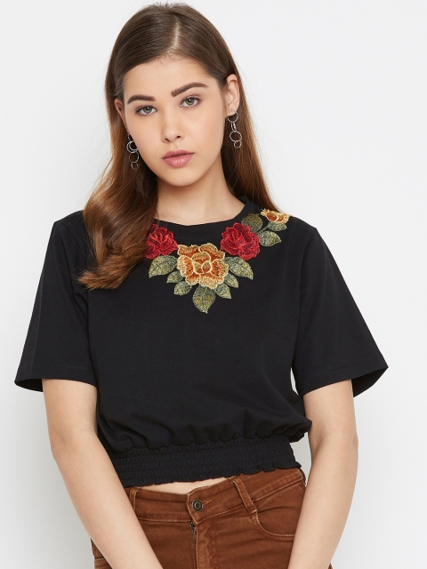 

LA LOFT Women Black Solid Crop Blouson Top