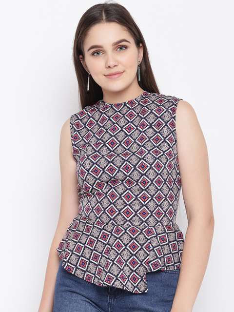 

LA LOFT Women Navy Blue & Pink Printed Peplum Top