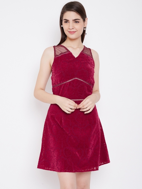 

LA LOFT Women Maroon Self Design Velvet Finish A-Line Dress