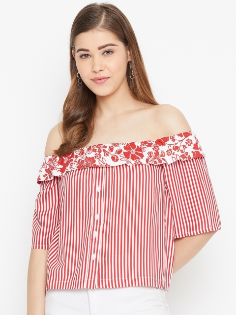 

LA LOFT Women Red & White Striped Bardot Pure Cotton Top