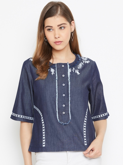 

LA LOFT Women Navy Blue Solid Chambray Top