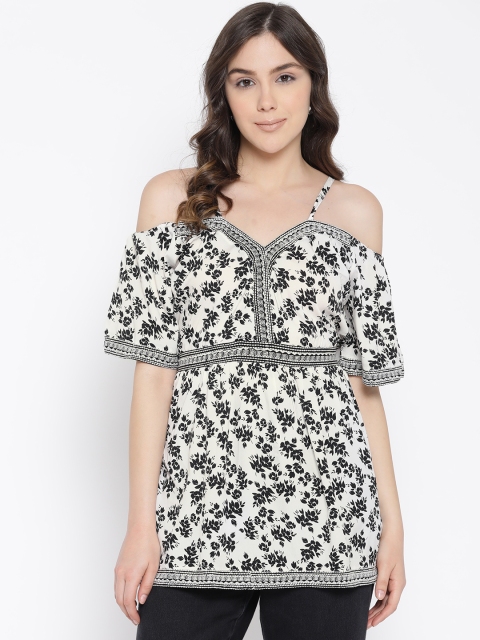 

LA LOFT Off-White & Black Printed Cold Shoulder Tunic