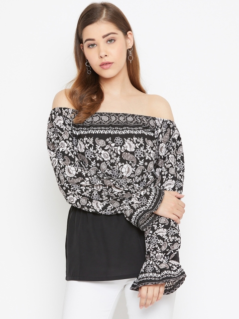 

LA LOFT Women Black & White Printed Bardot Top