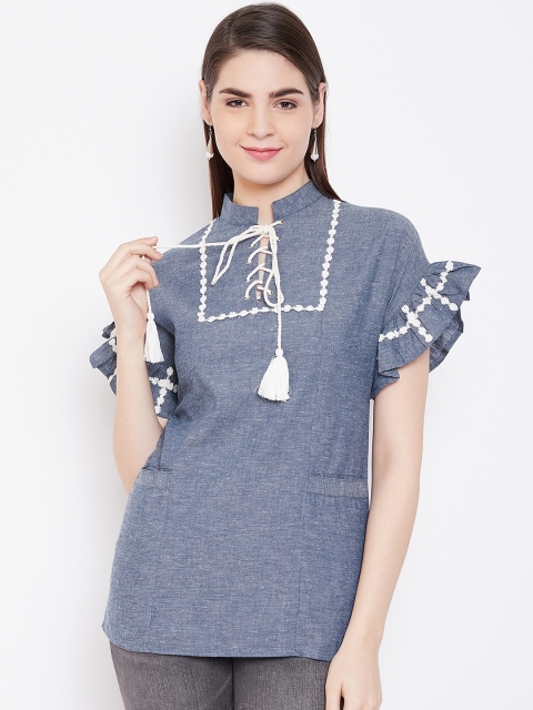 

LA LOFT Women Blue Solid Top