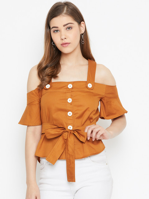 

LA LOFT Women Mustard Brown Solid Pure Cotton Top