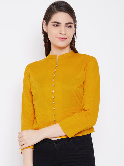 

LA LOFT Women Mustard Yellow Self Design Regular Top