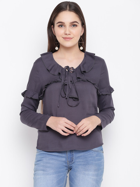

LA LOFT Women Charcoal Grey Solid Regular Top
