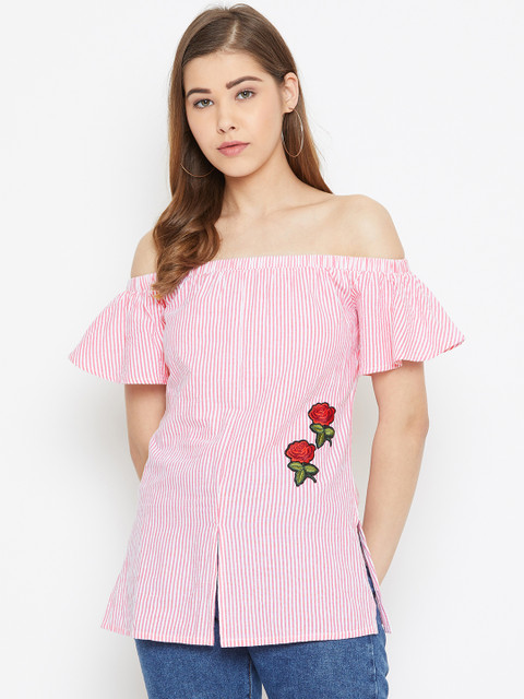 

LA LOFT Women Pink & White Striped Off-Shoulder Regular Top