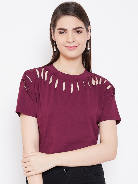 

LA LOFT Women Burgundy Solid Cropped Round Neck T-shirt