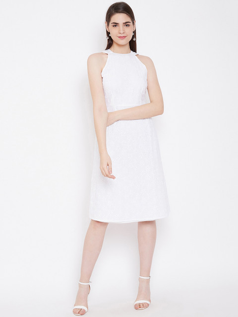 

LA LOFT Women White Schiffli Embroidered A-Line Dress