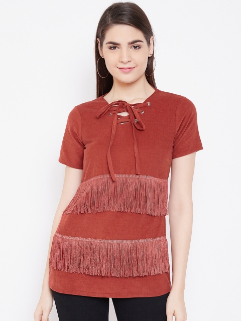 

LA LOFT Women Rust Orange Fringed Detail Corduroy Pure Cotton Top