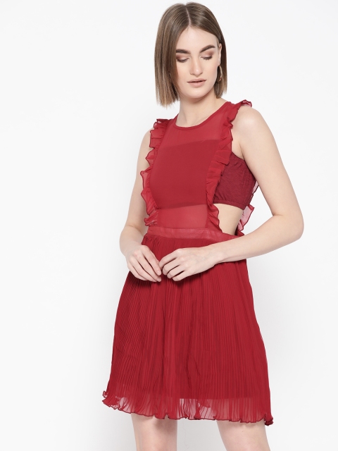 

LA LOFT Women Maroon Solid Semi-Sheer A-Line Dress