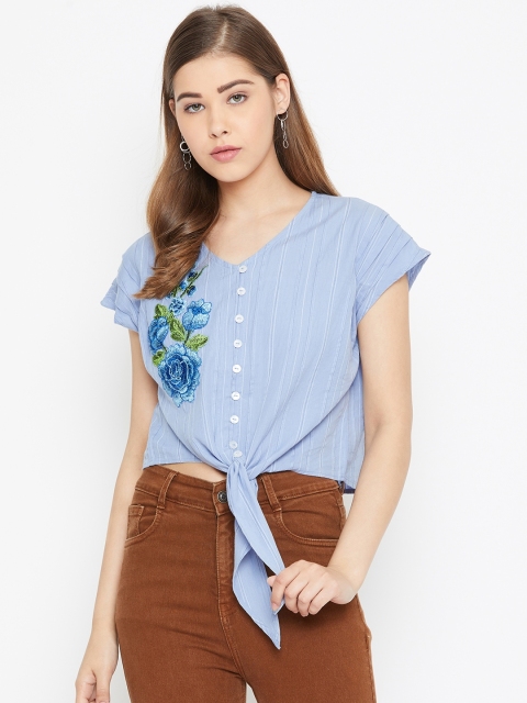 

LA LOFT Women Blue Self Striped Top