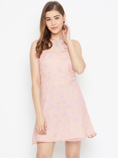 

LA LOFT Women Peach-Coloured & Blue Printed Fit & Flare Dress