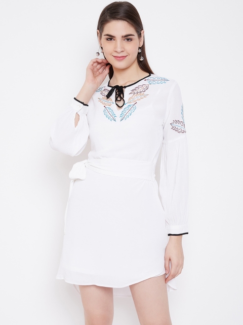 

LA LOFT Women White Solid A-Line Dress With Leaf Embroidered Detail
