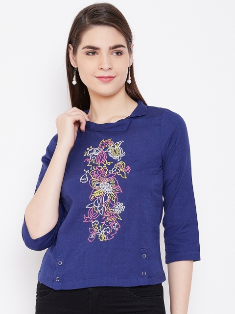 

LA LOFT Women Blue Embroidered Top