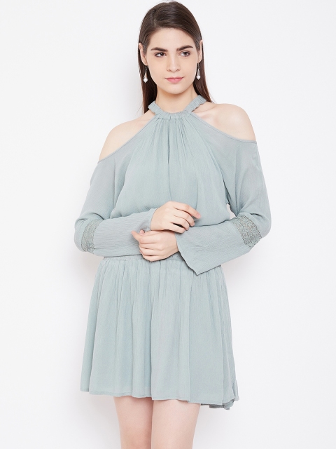

LA LOFT Women Green Cold-Shoulder Solid A-Line Dress